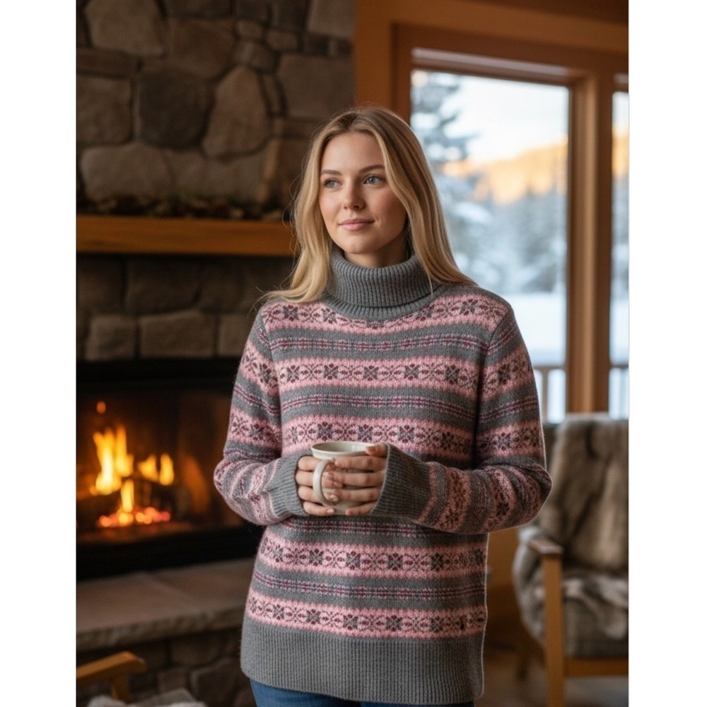 Garnet Hill Fair Isle Angora Blend Turtleneck Sweater Women's L Gray Cozy Chic